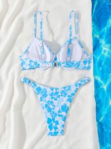 Swim Mod Floral Print Spaghetti Strap Bikini Swimsuit, Random Print - Baby Blue - View 5