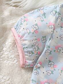 Tween Girls 3 Pieces Pajama Set, Ruffled Collar Blouse With Ditsy Floral & Bunny Prints, Shorts And Pants, Summer