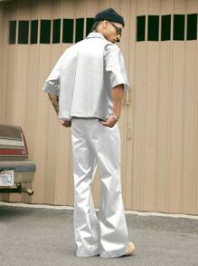 AXEPEAK Conjunto de camisa de manga corta y pantalón de piel de pu con botones y solapa ancha para hombre, listo para el streetwear