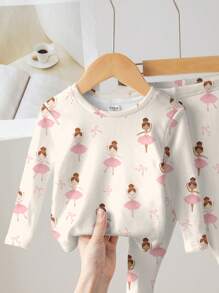 SHEIN Baby Girl Beige & Pink Bow Ballet Dancer Pattern Casual Minimalist Comfortable Long Sleeve Pants Thick Snug Fit Jumpsuit, Suitable For Autumn/Winter - Multicolor - View 4