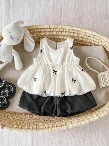 2 Stücke/Set Baby Mädchen 0-3 Jahre lässig ländlicher Urlaub süßer Schmetterling Stickerei ärmellose Bluse & Shorts Set, Frühling/Sommer