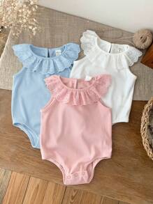 SHEIN LMoss Kids Set de 3 piezas de bodys con volantes tejidos lindos para bebés recién nacidas en verano - Multicolor - Ver 5