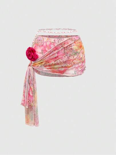 ROMWE Avant Shorts mini de cintura súper baja con cadena impresa con flor 3D en estilo romántico y sexy para vacaciones de mujer