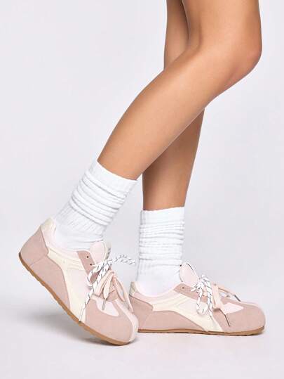 Kawaii Women's Pink Lace-Up Loafers, Casual Sports Shoes, Soft Sole Running Shoes, Student Training Sneakers