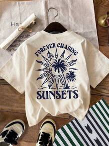SHEIN EZwear Camiseta casual de mujer con estampado de letra de árbol de palma