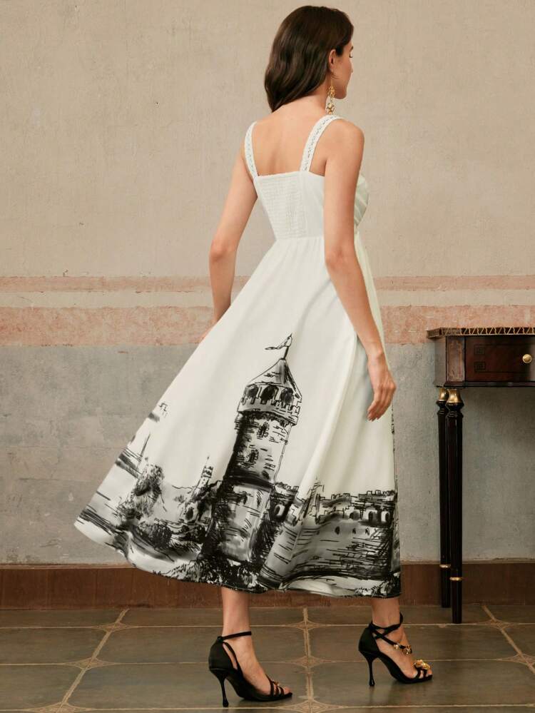 Elegant Castle Print Ruched Front Strap A-Line Mid-Length Dress, Suitable For Spring Summer, Festivals, Graduation
