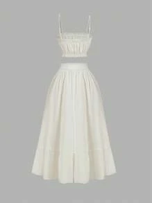 SHEIN MOD Set di due pezzi in chiffon cremoso, primavera/estate: canottiera arricciata e gonna midi con balza e spacco, outfit da vacanza per donna, outfit da spiaggia per donna, abbigliamento western per donna, San Valentino, outfit da club per donna, vintage, Pasqua, outfit per concerto country