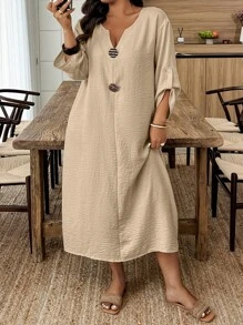 Weeklong Rochie cu decolteu în V, cu margine rulată, lejeră, dreptă, de dimensiuni mari