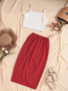 2pcs/Set Teen Girls Vacation Ensemble, Suitable For Beach Holiday, Summer Outfit With Tank Top And Mini Skirt - Burgundy - View 2