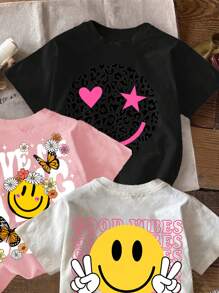 SHEIN Camisetas de verano para niñas preadolescentes, paquete múltiple, de estilo minimalista casual con estampado de dibujos animados sonrientes en negro, blanco y rosa