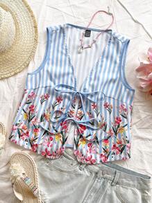 Soleia Bohemian,Boho, Romantic Floral,Vacation, Floral 4th Of July Clothes Tops Vacation Tops Beaded Top Top Party Tops Cami Top Camisole Top 4th Of July Women Crop Sexy Tops For Women WYWF Women's Holiday V-Neck Tied Flared Sleeve Tropical Stripe Jacquard Print Cami Top - Multicolor - View 6