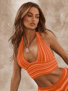 Musera Resort Extreme Plunge Tie Halterneck Striped Crochet Top Boho Ibiza Cute Sexy Vacation Summer Beach Swimwear Cover Up