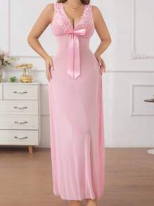 2pcs Lace Trim Mesh Backless Bowknot Sexy Sleepwear Set With G-String - Pink - View 5