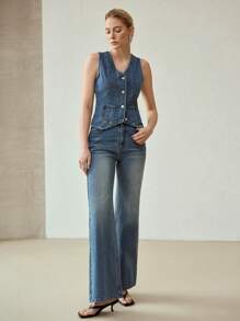 MOTF PREMIUM Top DE MEZCLILLA CON BOTONES AL FRENTE - Azul lavado medio - Ver 6