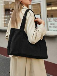 SHECARRY Solid Color Corduroy Tote Bag Suitable For Women's Daily Use