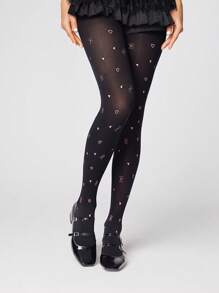 ROMWE Kawaii 1 Pair Of High Elastic Red Heart-Shaped Flower Bottom Stockings/Pantyhose/Bottom Socks/Tights - Black - View 1