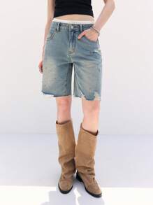 LYSMO Pantaloncini di jeans casual e morbidi da donna con decorazioni di strass, tasche e frange sul bordo