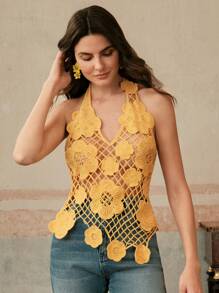 Anewsta Robe de plage élégante pour femme, col en crochet cache-maillot, motif floral ajouré, sans manches, parfaite pour les vacances, les festivals de printemps et l'été, les remises de diplômes - Jaune citron - Voir 4