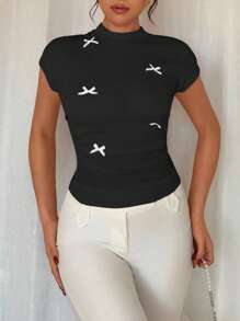 Rafferiza 时尚百搭法式荷叶边蝴蝶结短袖上衣 - 黑色 - 查看 3