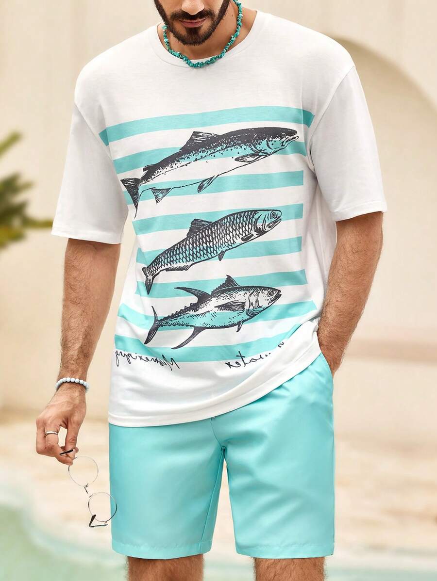 Manfinity VCAY Men's Casual Striped Fish Pattern Slim Fit Knit T-Shirt And Shorts Set - White - View 1