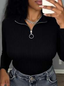 INAWLY 大码休闲半拉链修身长袖 T 恤，适合日常穿着，秋季 - 黑色 - 查看 3