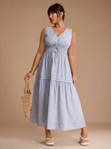 SHEIN Unity Women's Plus Size Blue And White Striped Summer Casual Lace-Up Craft Dress/Long Spring Dress/Pleated Dress - Blue and White - View 1
