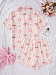2pcs/Set Teen Girls Floral Print Contrast Color Ruffle Trim Comfortable Short Sleeve Top And Shorts Pajama Set, Spring/Summer - Pink - View 3