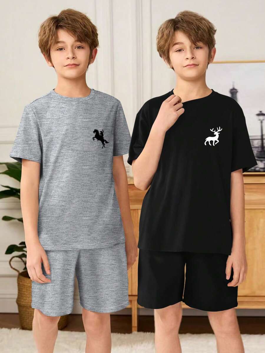 SHEIN Leap Crew 4 件套青少年男童刺绣图案圆领短袖 T 恤和短裤宽松休闲针织睡衣套装 - 黑色 - 查看 1