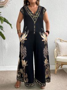 EMERY ROSE Mono informal de pierna ancha con estampado de palmeras, escote en V y mangas farol para mujer de talla grande
