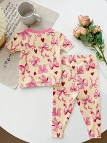 SHEIN 女婴休闲简约舒适圆领短袖上衣和紧身裤套装，适合夏季 - 彩色 - 查看 3