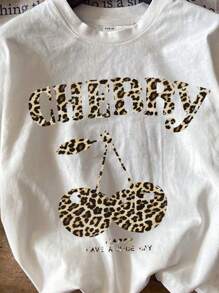 SHEIN Leap Crew Cherry Leopard Print Tween Girl Casual Simple Short Sleeve Round Neck T-Shirt, Suitable For Spring And Summer - White - View 3