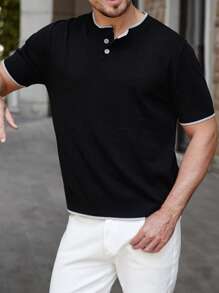 Manfinity Homme Camisa de punto de manga corta con botones y ribete de contraste para hombre, ideal para el verano