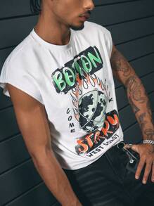 AXEPEAK Men's Streetwear Style Small Crew Neck Front-Print Loose Boxy-Fit Top, Available - White - View 3