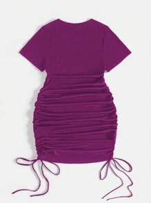 SHEIN MOOSTA Plus Size Summer Simple Solid Color Round Neck Side Drawstring Bodycon Dress - Violet Purple - View 2