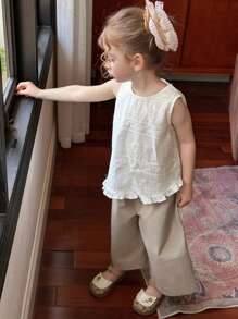 Hapijoa 2-teiliges Set für Kleine Mädchen mit einfarbigem Rundhals-Ärmelloses T-Shirt & Shorts, Mädchen Sommer Outfit - Weiss - Übersicht 5