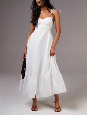 Athîral Women's Solid Color Ruffle Hem Pleated Camisole Dress