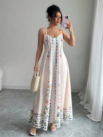 Rafferiza 1pc Women's Loose Floral Print Spaghetti Strap Dress, Beach/Holiday Casual