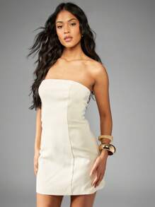 MISSGUIDED Linen Strapless Mini Dress With Lace Up Back - Yellow - View 4