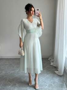 Elenzga 女士优雅浪漫度假飘袖派对婚纱 - 綠色 - 查看 1