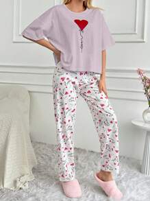 RueChic Cotton Women Love Print Pajama Set White Set - Lilac Purple - View 5