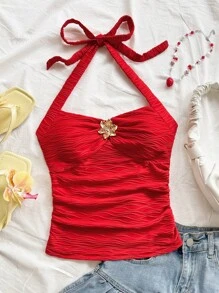 Soleia 白色针织纹理修身吊带背心，V 领和金属扣吊带，适合度假、音乐节、波西米亚风、休闲约会 - 紅色 - 查看 5