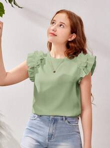 SHEIN Teen Girls Plain Frill Trim Casual Round Neck Shirt - Green - View 3