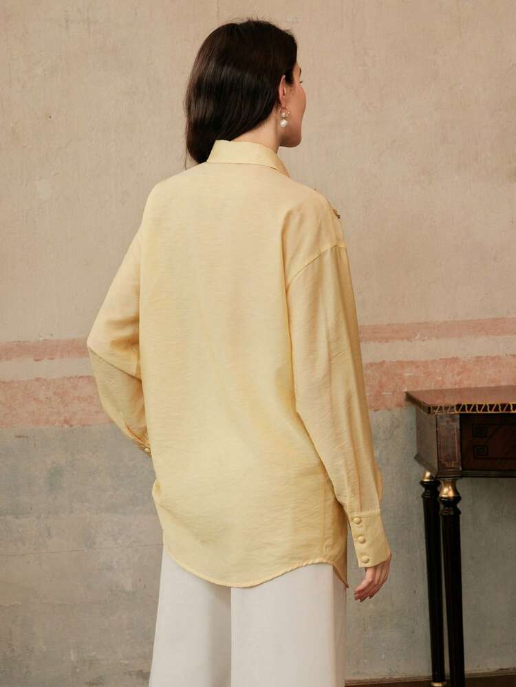 Women's New Apricot See-Through Studded Pearls Thin Long Sleeve Elegant Blouse Top