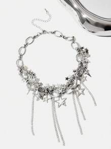 SHEIN ICON Diamond Studded Star Sequin Hollow Out Tassel Necklace