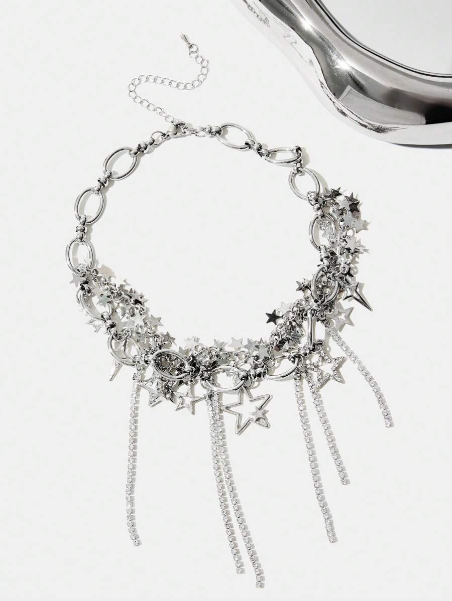 SHEIN ICON Diamond Studded Star Sequin Hollow Out Tassel Necklace