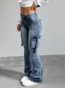 SHEIN Tall 女士牛仔裤 性感低腰紧身弹力喇叭裤 蓝色牛仔裤 女式高腰裤子 Y2k 牛仔裤 女式紧身裤 - 中等水洗藍 - 查看 8