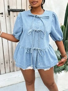 SHEIN Lady Plus Size Denim Short Sleeve Shirt, Fashionable For Summer - Light Wash - View 3