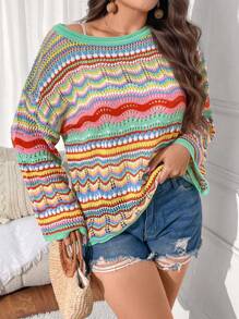 Flirla Holiday Contrast Color Hollow-Out Plus Size Knit Sweater, Plus Size Knit Pullover Fall Winter - Mint Green - View 4