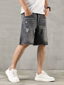 Manfinity Hypemode Men's Casual Loose Fit Distressed Pocket Hem Denim Shorts