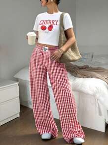 SHEIN Sparklyn 2pcs/Set Y2K Style Streetwear Cherry Graphic Crop T-Shirt + Plaid Wide Leg Pants Co-Ord Set, Teenage/Teen Fashion - White - View 4